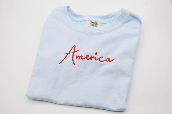 Youth Embroidered Tee //America on Light Blue